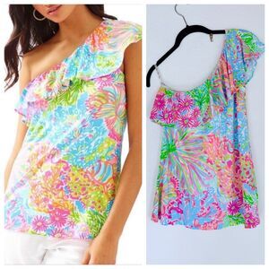 NWOT Lilly Pulitzer Neveah One Shoulder Ruffle Top in Lovers Coral Size Small